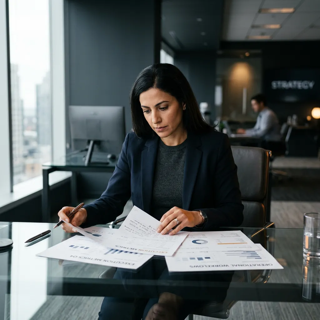 Executive entrepreneur analyzing business execution metrics and operational workflows