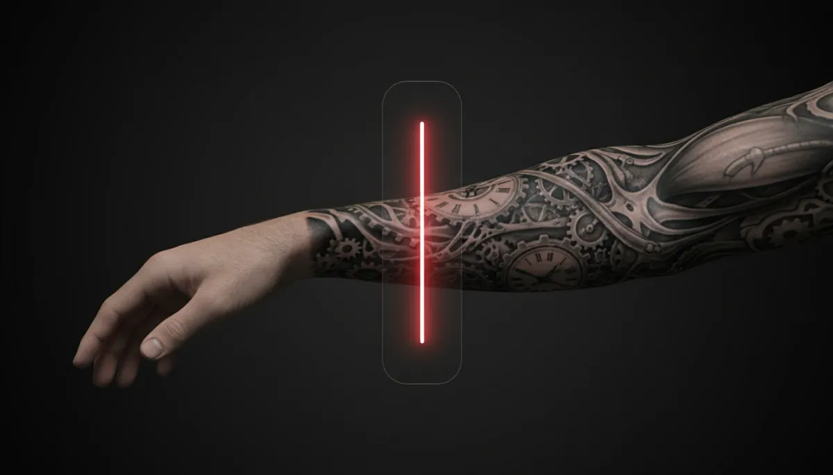 Split-frame comparison showing a raw skin photo transforming into a photorealistic tattooed preview