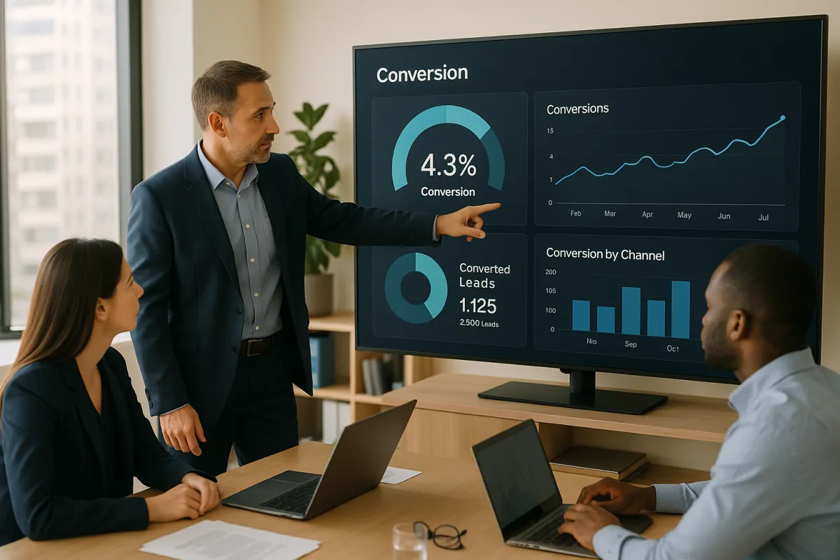 Office scene with sales leader pointing at a conversion dashboard on a large screen