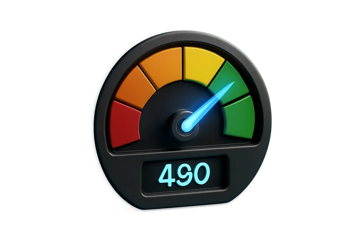 3D dashboard widget showing a credit-depth meter with segmented bands and glowing needle on transparent background