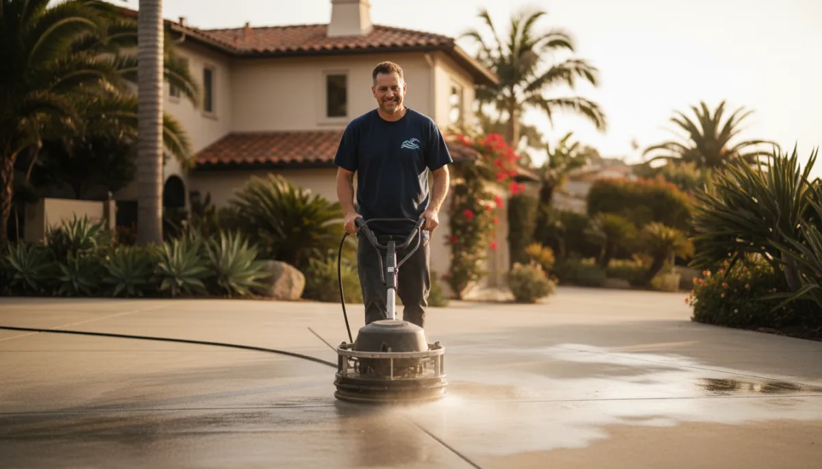 South Coastal Exterior Services pressure washing technician working on a home exterior