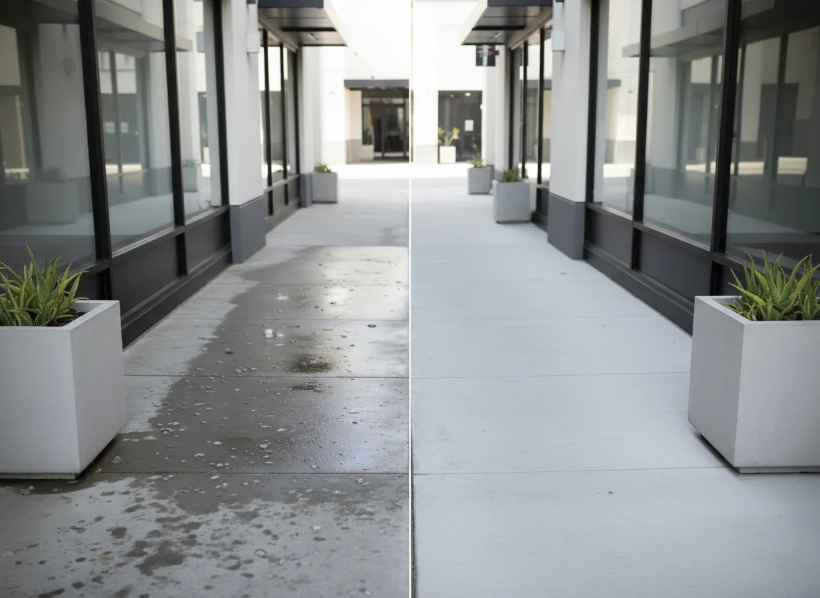 Before and after commercial pressure washing for storefront in Orange County