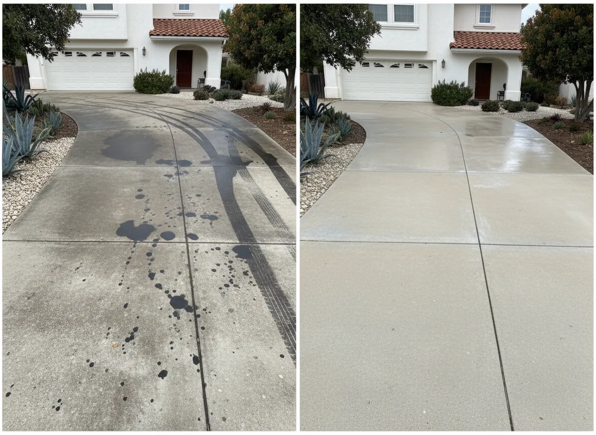 Before and after driveway pressure washing in Orange County