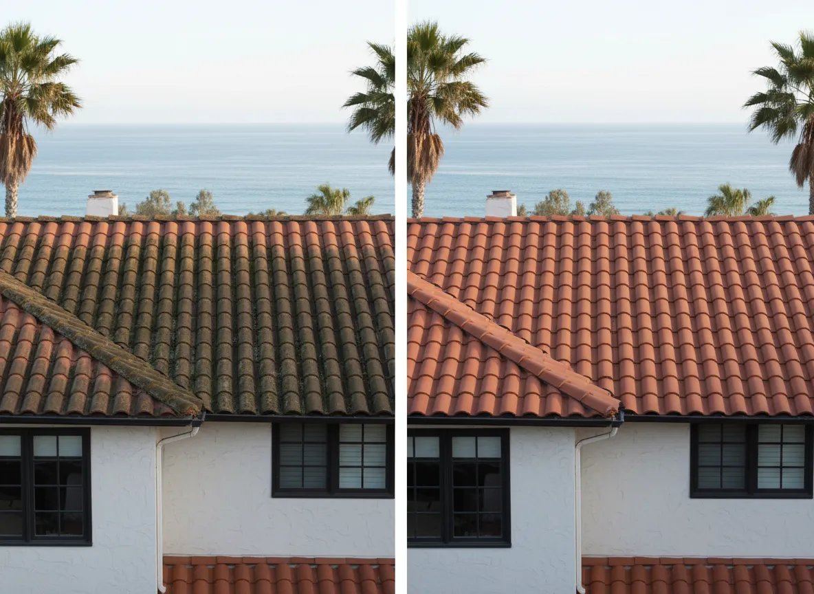 Before and after roof soft washing in San Clemente