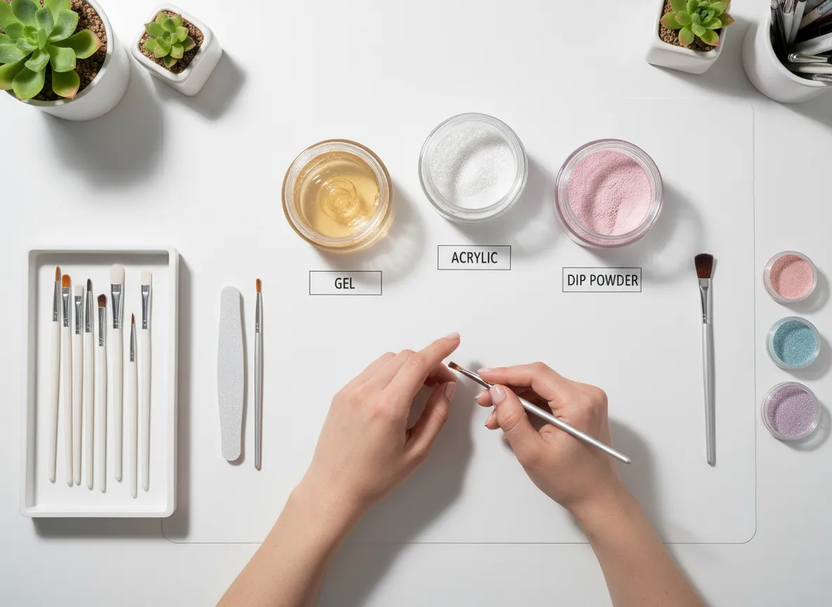 Nail artist working with gel, acrylic, and dip powder products