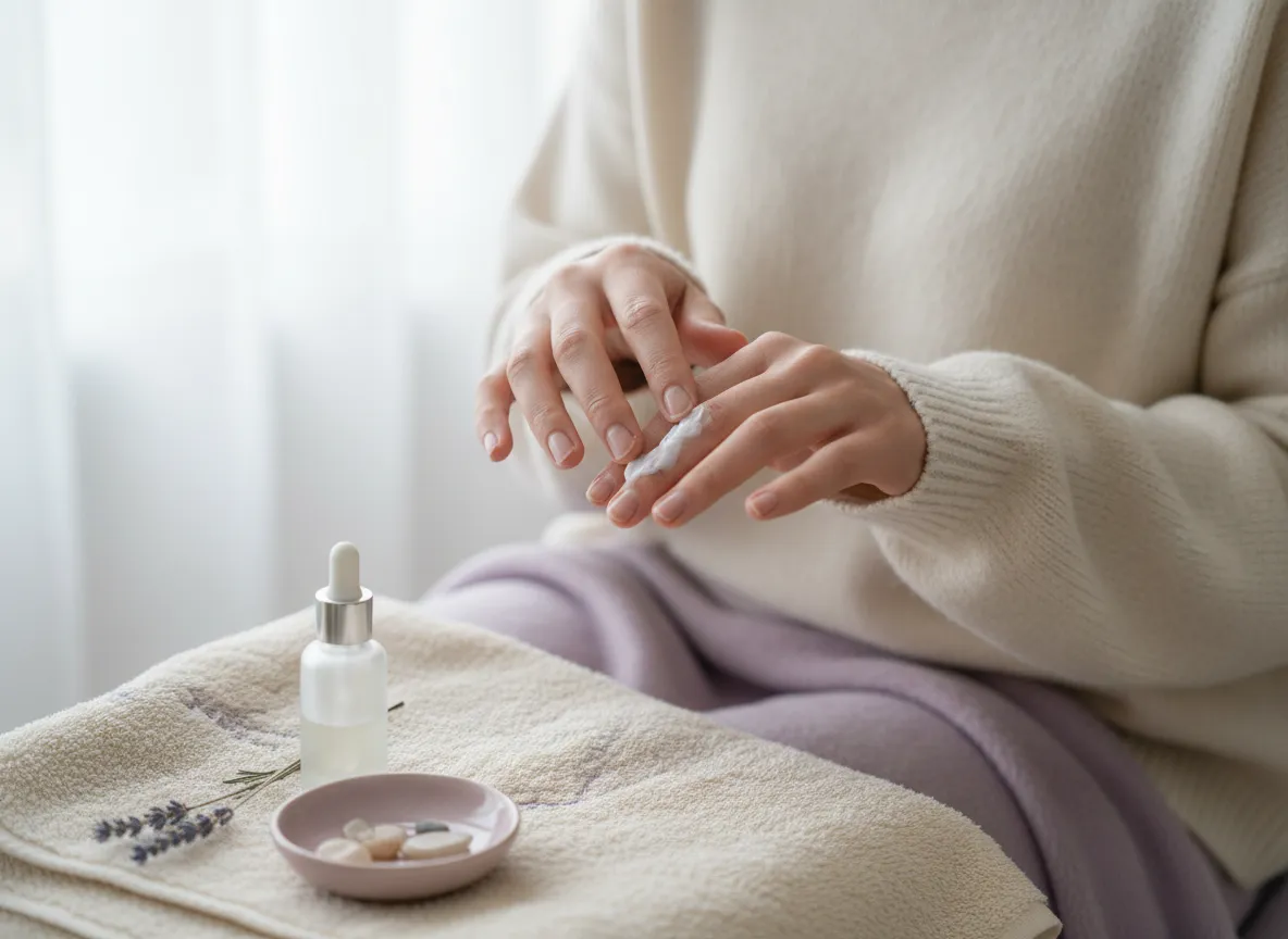Woman moisturizing hands and nails at home