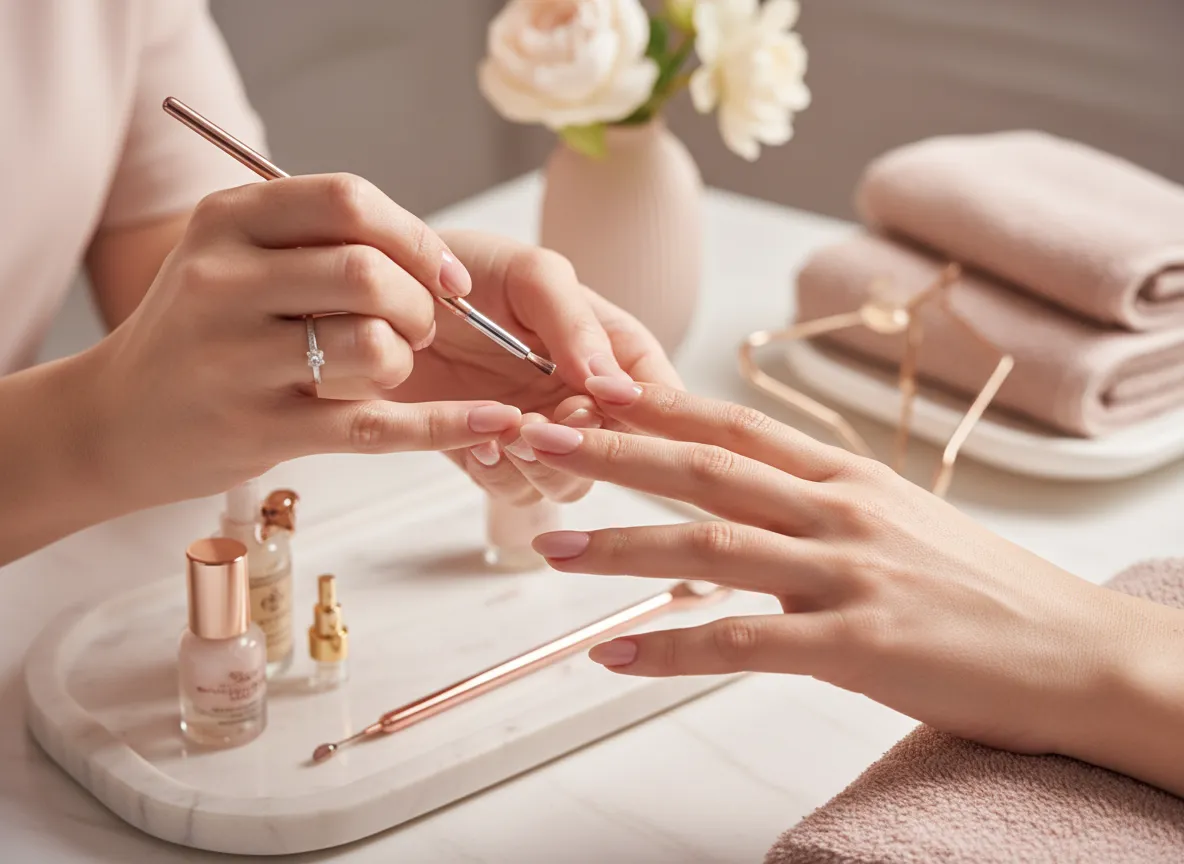 Fresh gel manicure being finished at The Nails Center salon