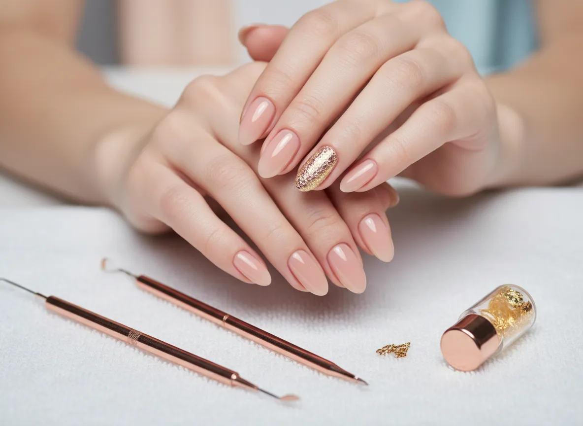 Gel manicure with nude polish and gold accent nail in Simi Valley