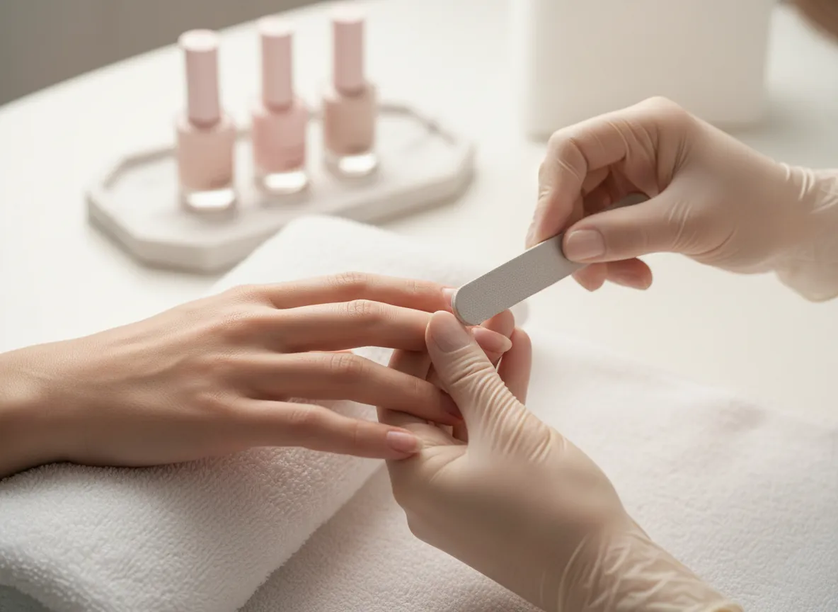 Classic manicure with soft pink polish at The Nails Center in Simi Valley