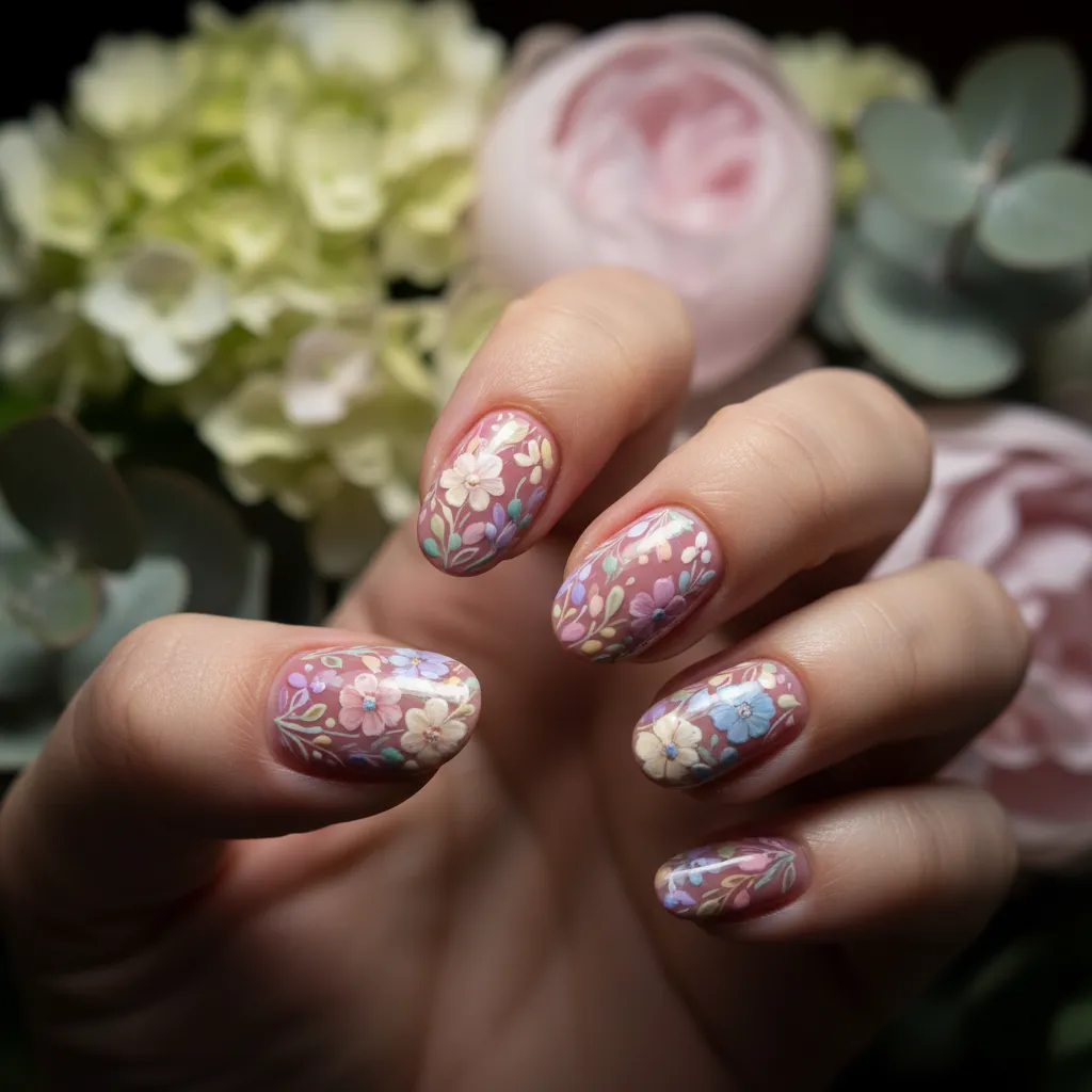 Hand-painted floral nail art with pastel colors at The Nails Center
