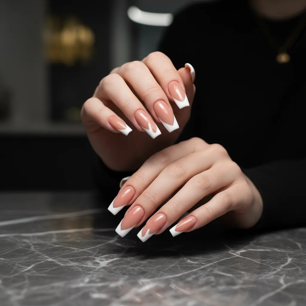 Acrylic coffin nails with nude base and white tips in Simi Valley