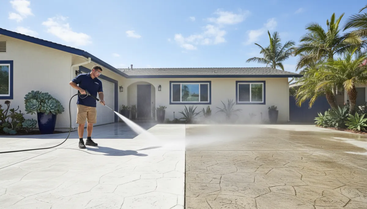 Technician pressure washing a coastal home exterior in San Clemente