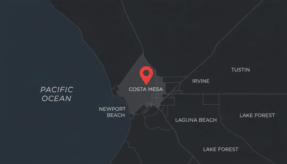 Simple map highlighting Costa Mesa and nearby Orange County cities served by Luxe Detailing