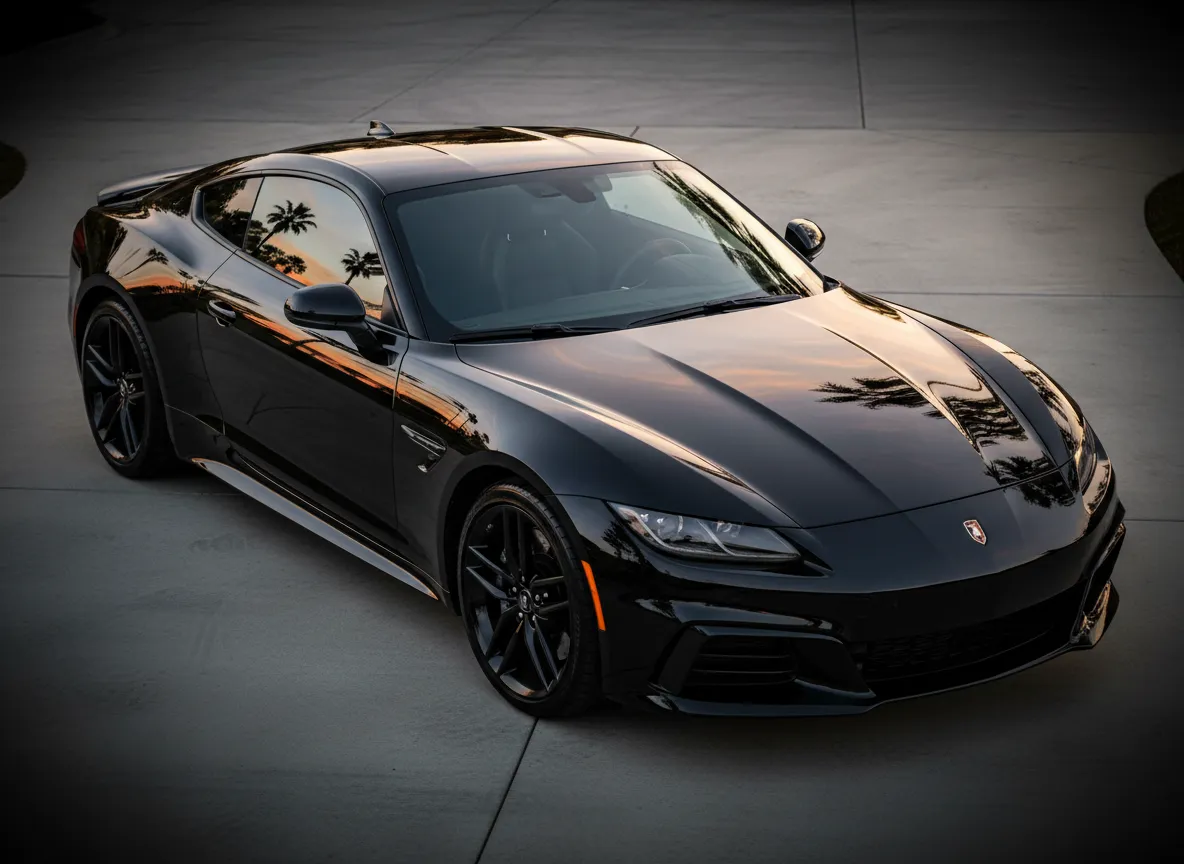 Glossy black vehicle after Luxe Refresh maintenance wash in Orange County