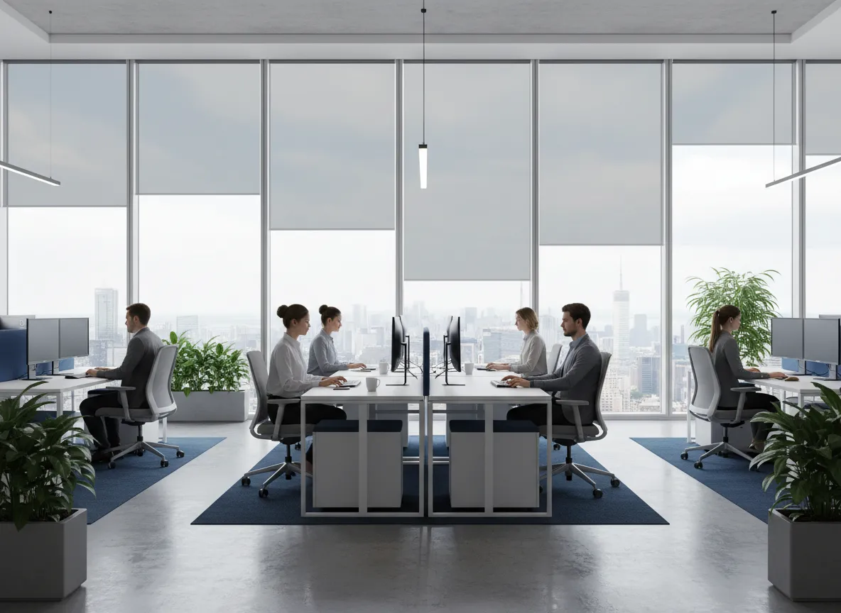 Office interior with commercial window film reducing glare