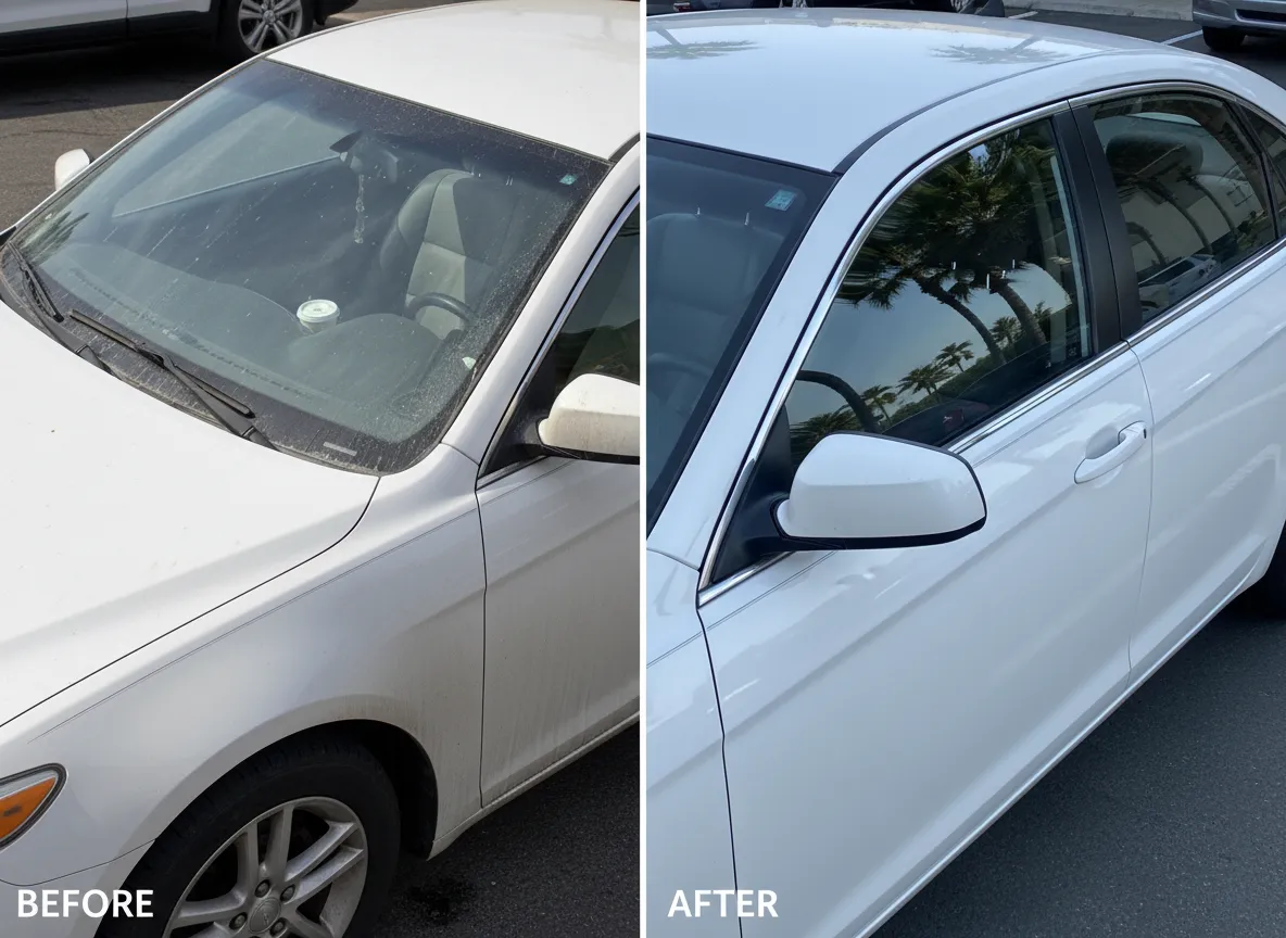Before and after full detail performed by Luxe Detailing in Costa Mesa
