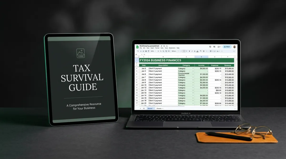 OnlyFans Tax Survival Kit mockup featuring an editorial PDF guide on a tablet and an organized green bookkeeping spreadsheet on a laptop