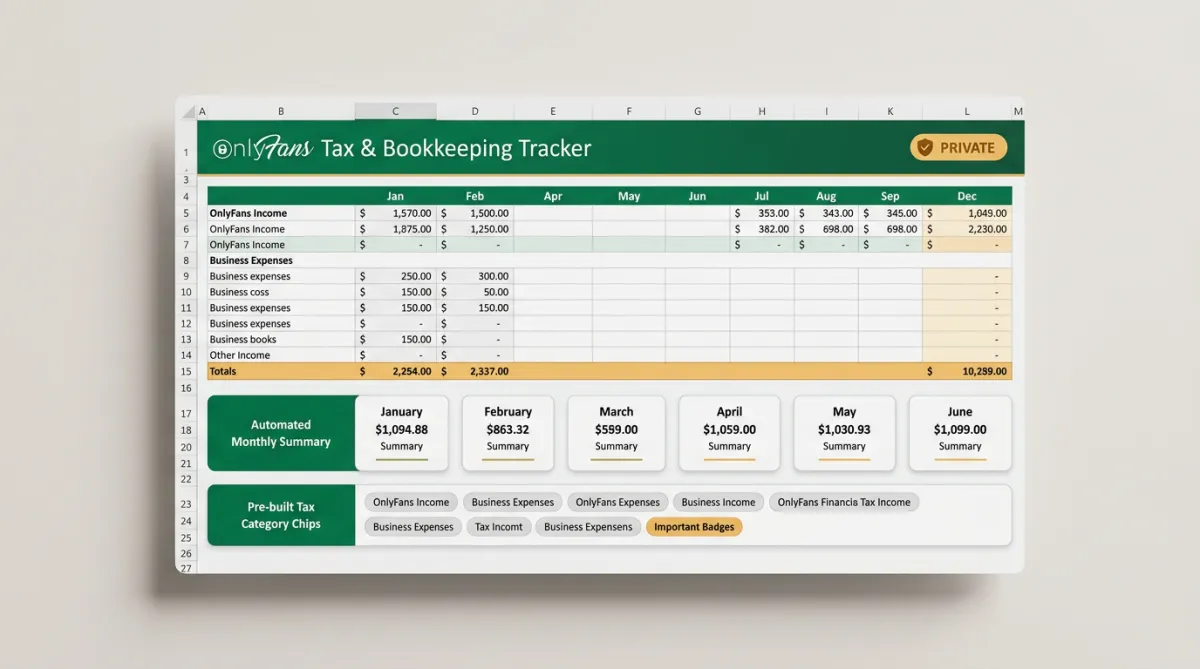 Zoomed in UI preview of the creator income and expense tracker spreadsheet showing automated monthly dashboards and pre-built tax categories