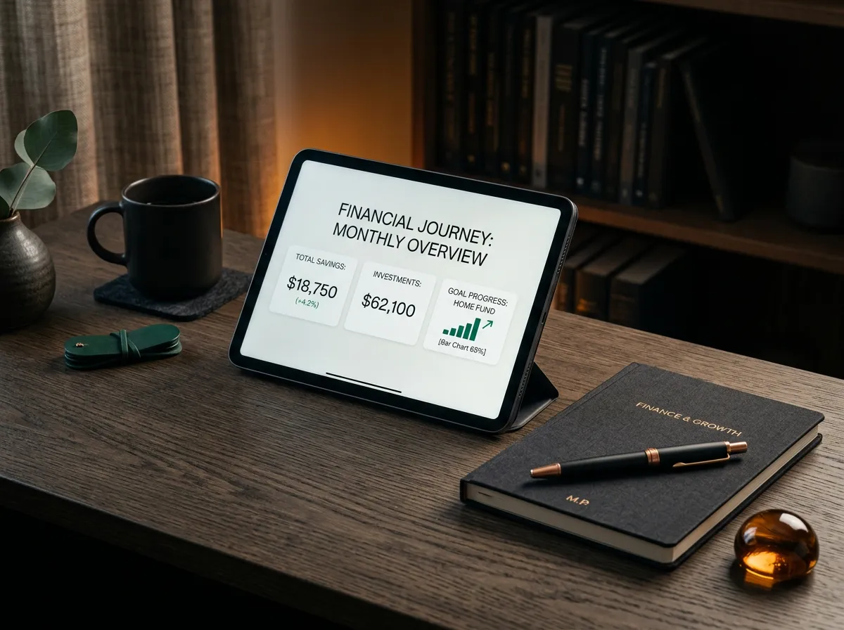 Editorial workstation with tablet displaying financial summary and clean stationery notebook