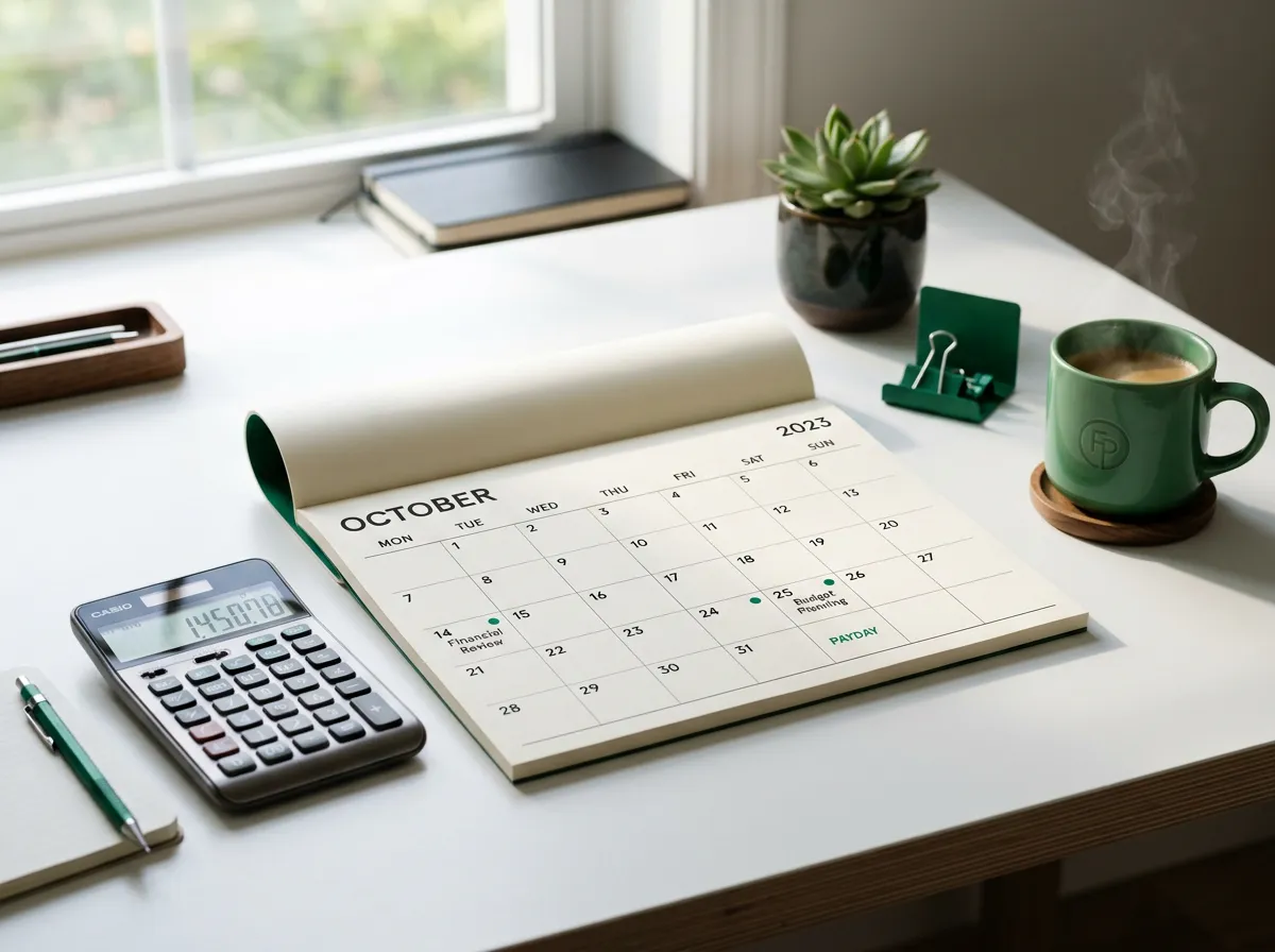 Clean minimalist desk setup with modern calculator, quarterly schedule planner, and coffee cup