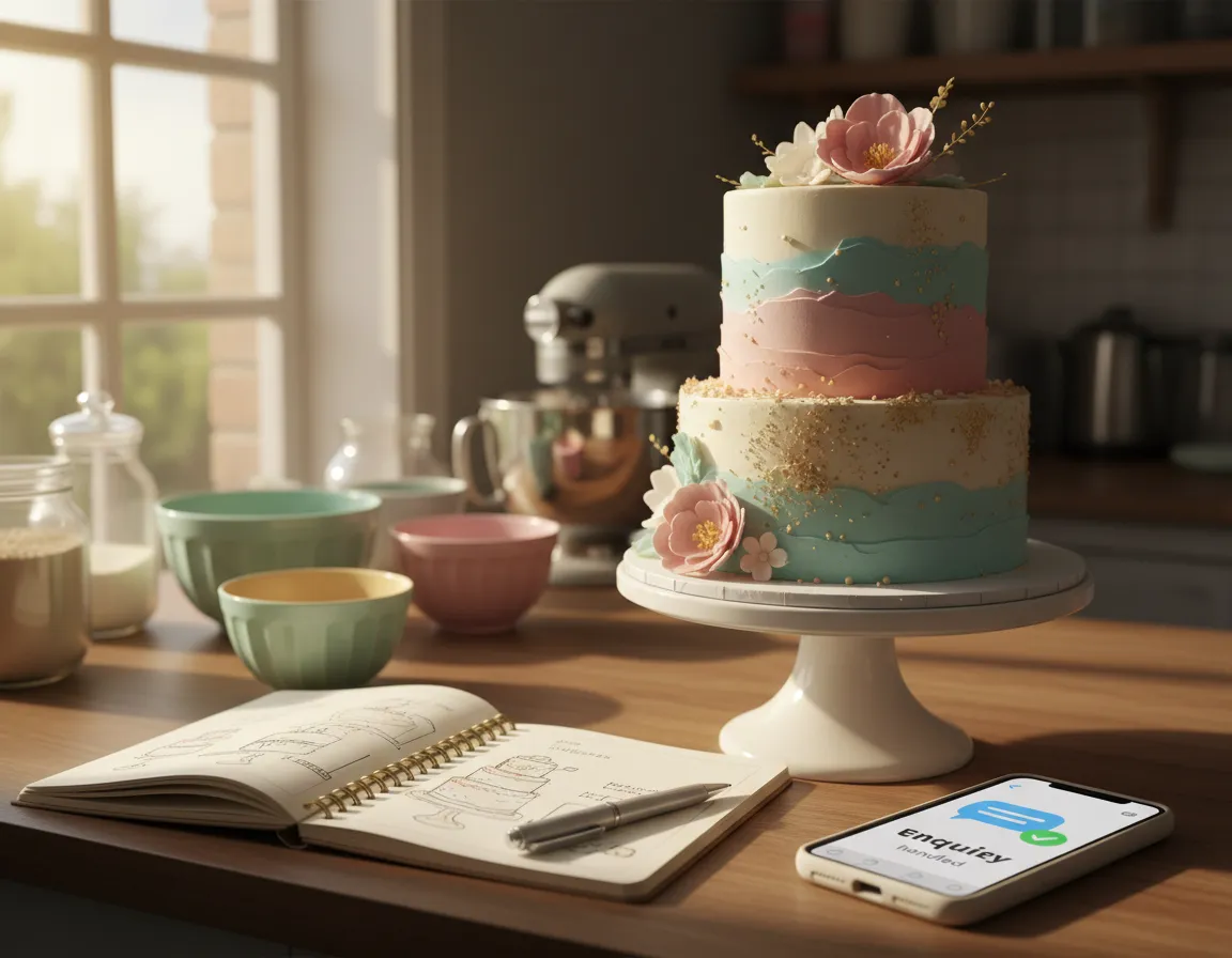 Custom cake and home bakery workspace with a phone enquiry