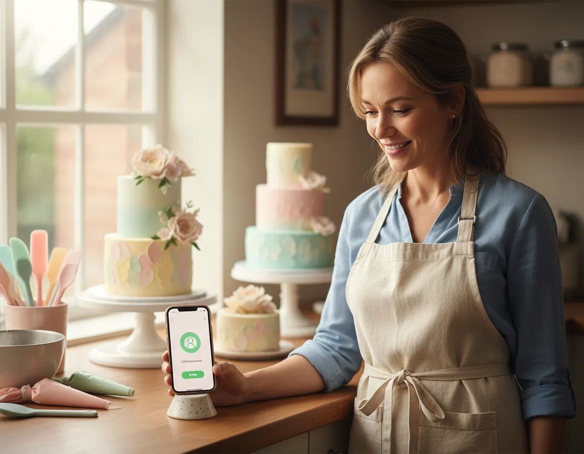 Cake decorator taking a phone enquiry in a home bakery setup