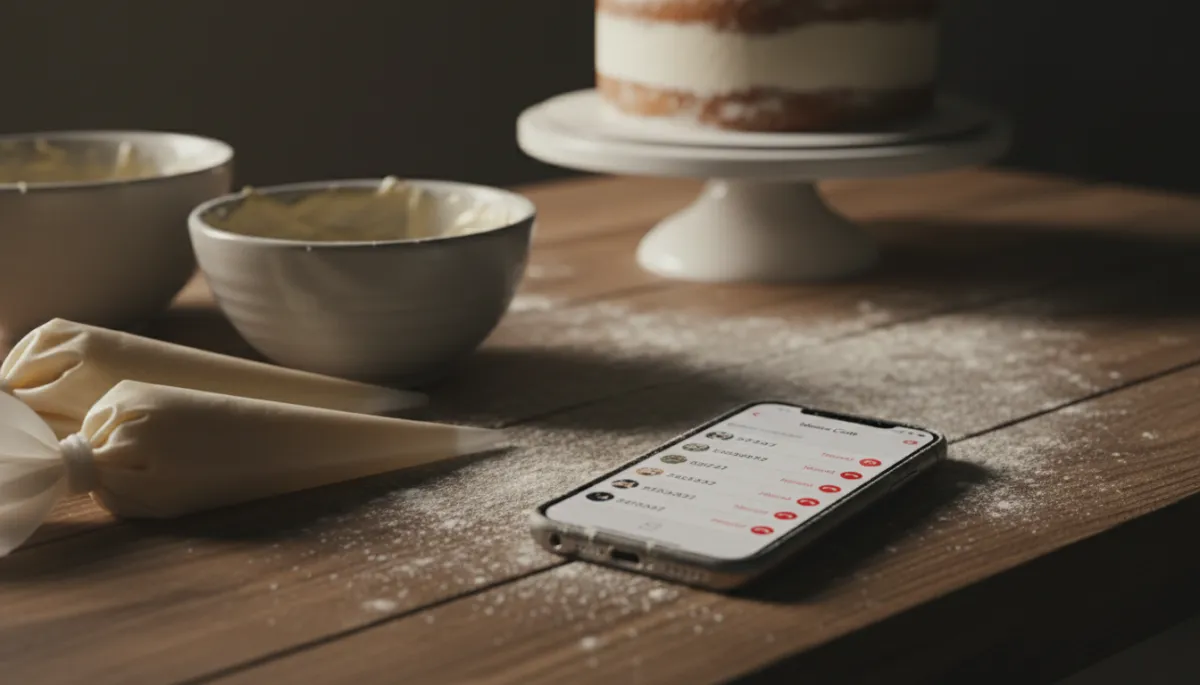 Phone showing missed calls while working on cakes