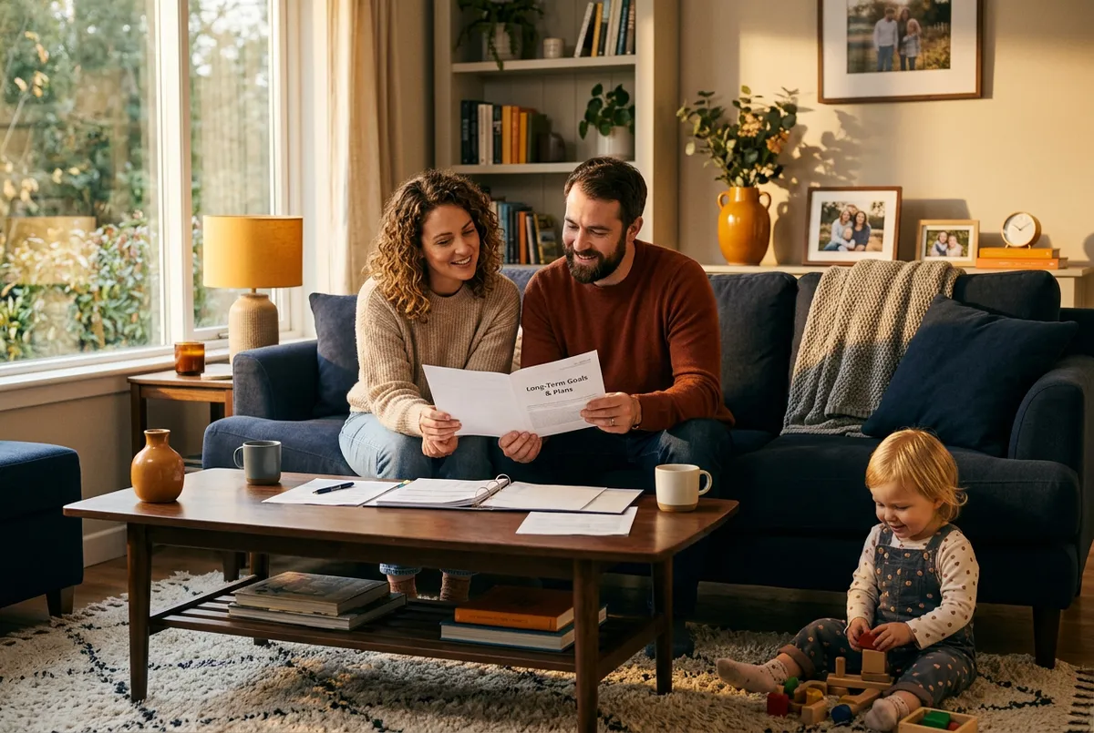 Warm family living room discussion about long term planning