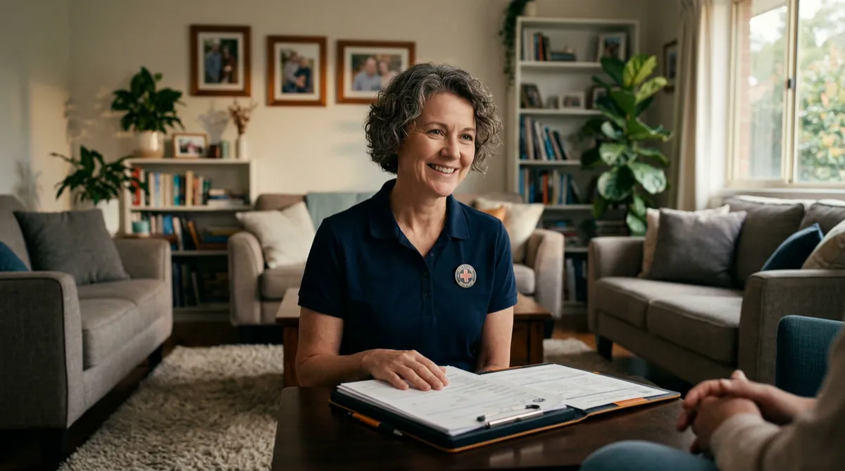 Friendly licensed paramedical examiner reviewing health documentation with a warm smile