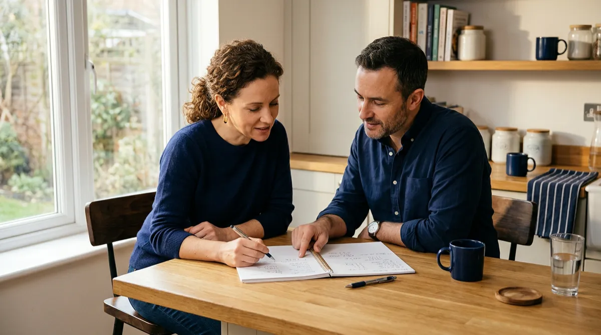 Father and mother helping their young daughter with homework and reading at the kitchen counter