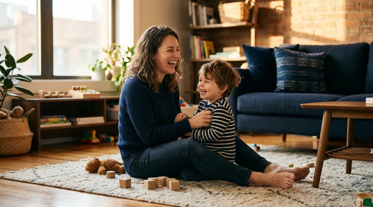 Father and smiling young daughter laughing together in a sunlit living room