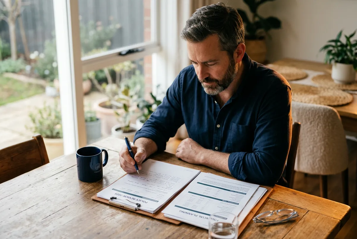 Father reviewing paperwork calmly at a sunlit breakfast table