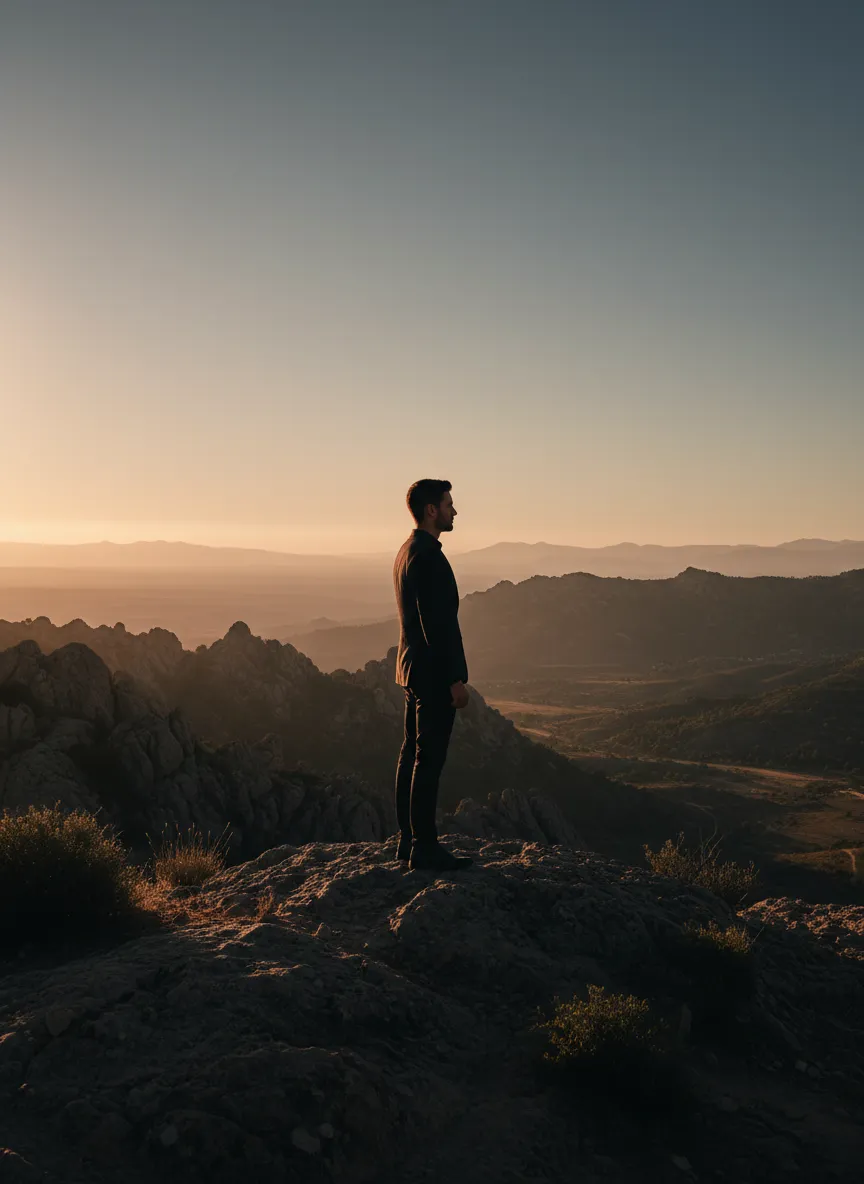 Man looking out over arid Andalusian landscape, styled with deep shadows