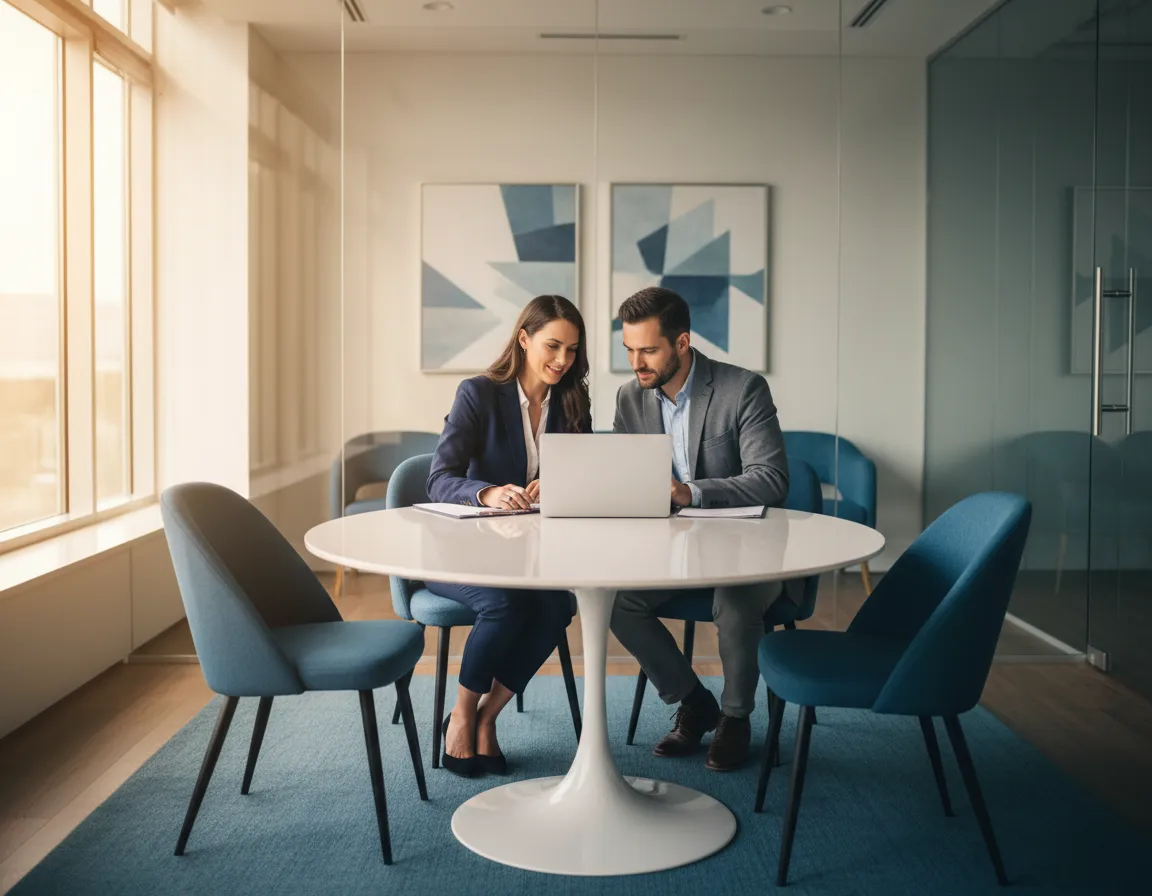 Debt settlement attorney reviewing options with client in a modern office
