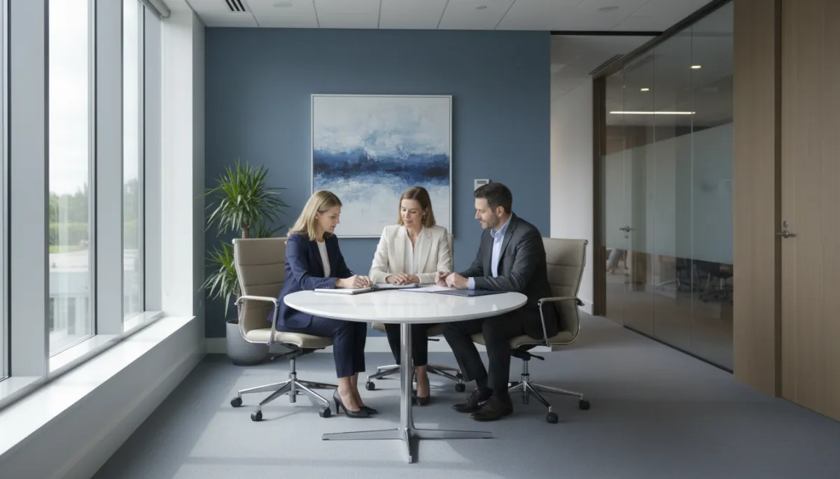 Modern law office conference room with attorneys and client in discussion, representing Gaudio Si Law client FAQ and consultation process