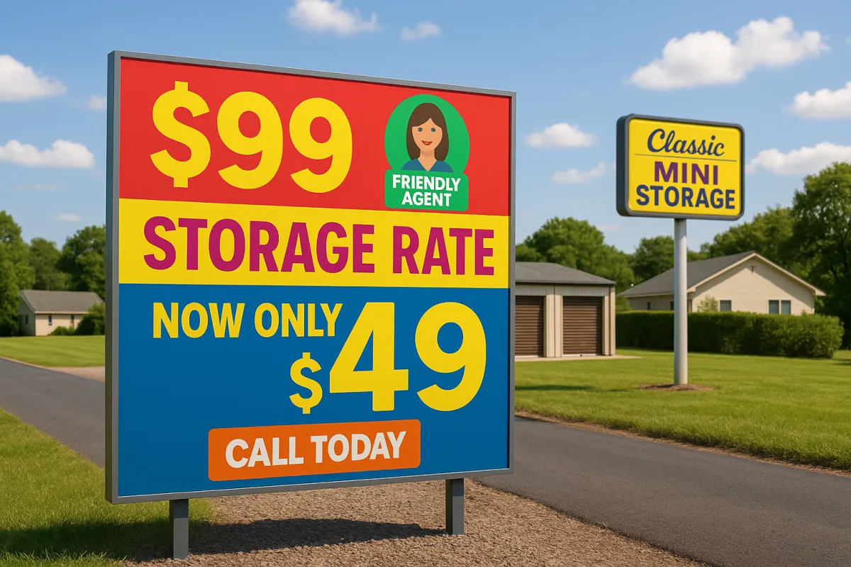 Promotional banner showing discounted storage rates with CTA for Classic Mini Storage.