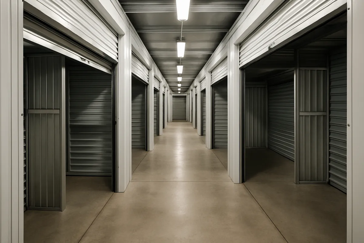 Clean, well-lit storage unit aisle with metal roll-up doors at Classic Mini Storage