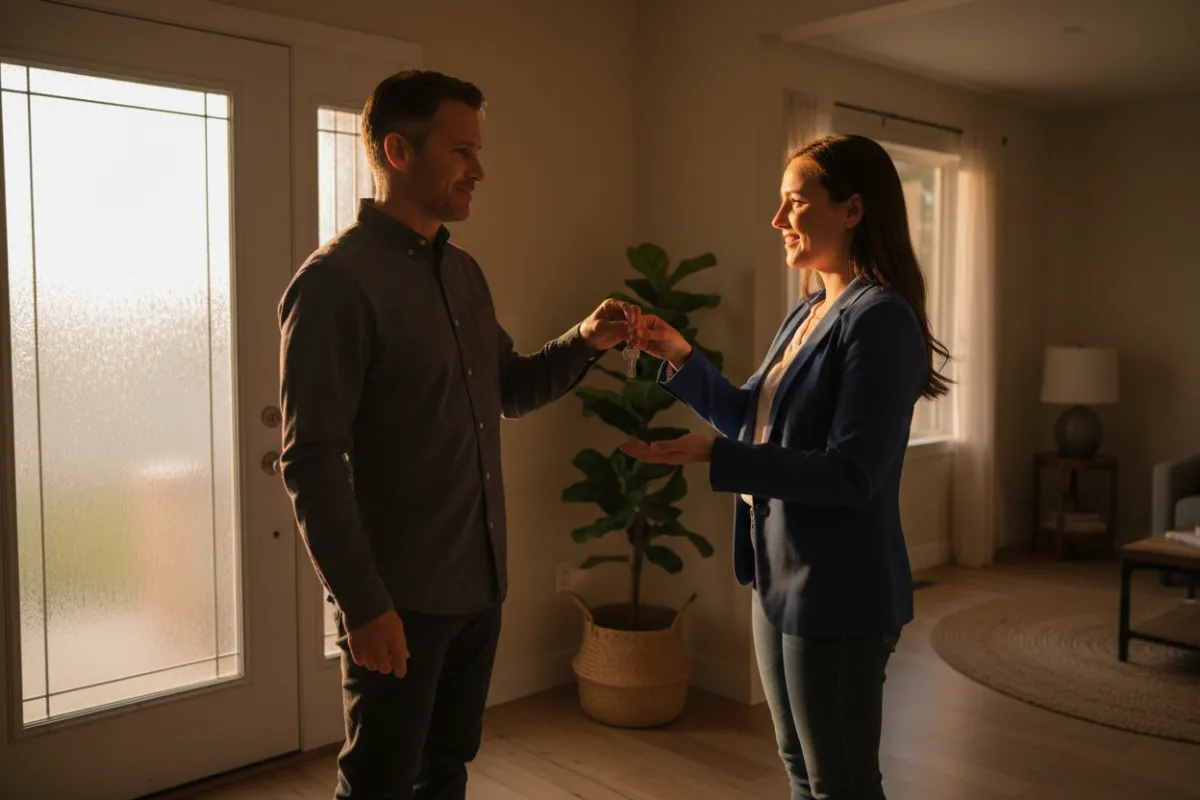 Relieved homeowner handing keys to a CoastalCash Buyers agent at a sunlit entryway