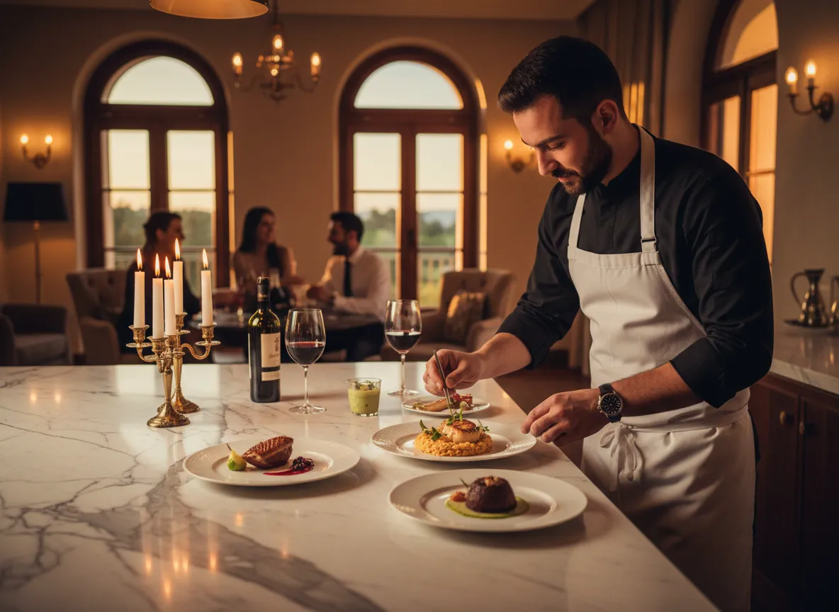 Private chef preparing dinner in a luxury villa kitchen