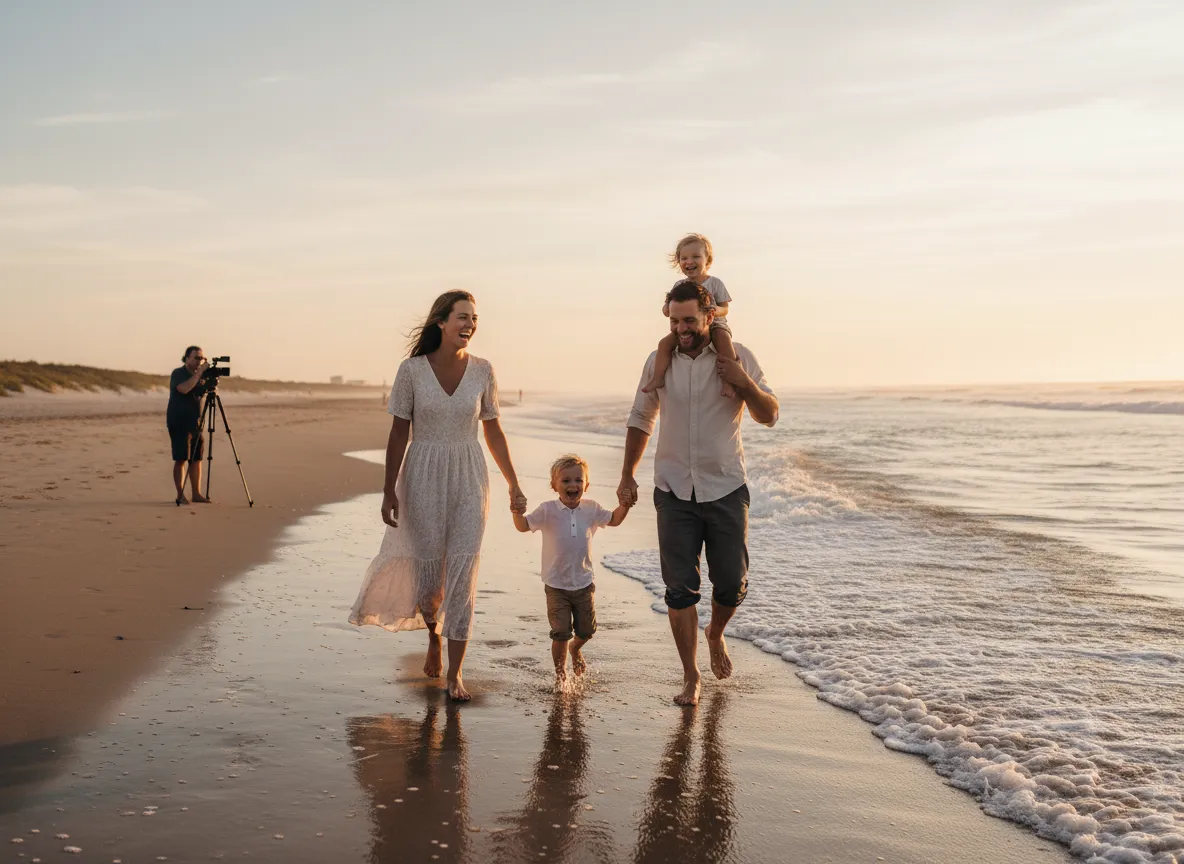 Family enjoying professional beach photography at sunset