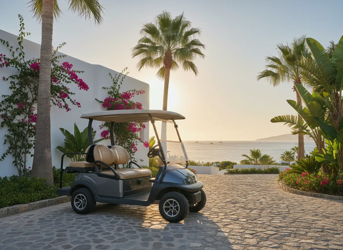 Golf cart parked outside a luxury vacation villa