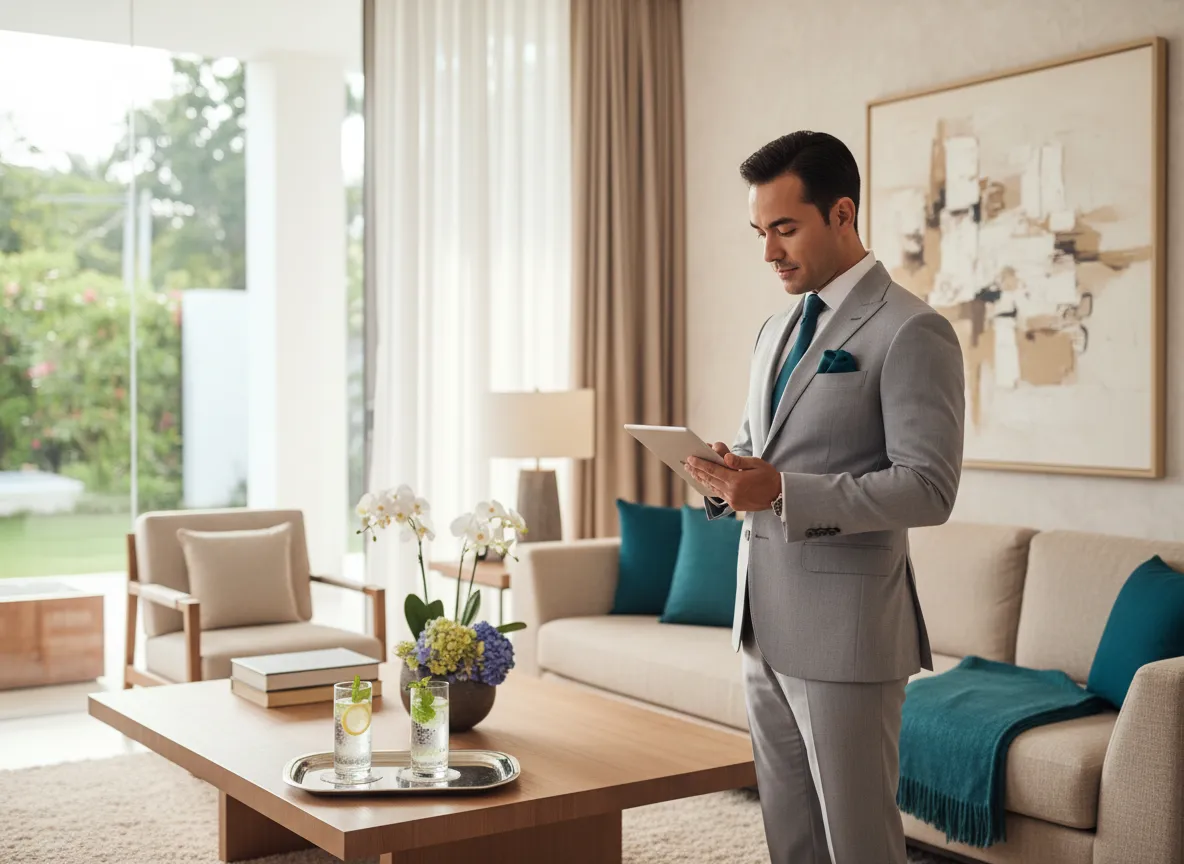 Concierge arranging luxury vacation rental services at LuxeStay Villas