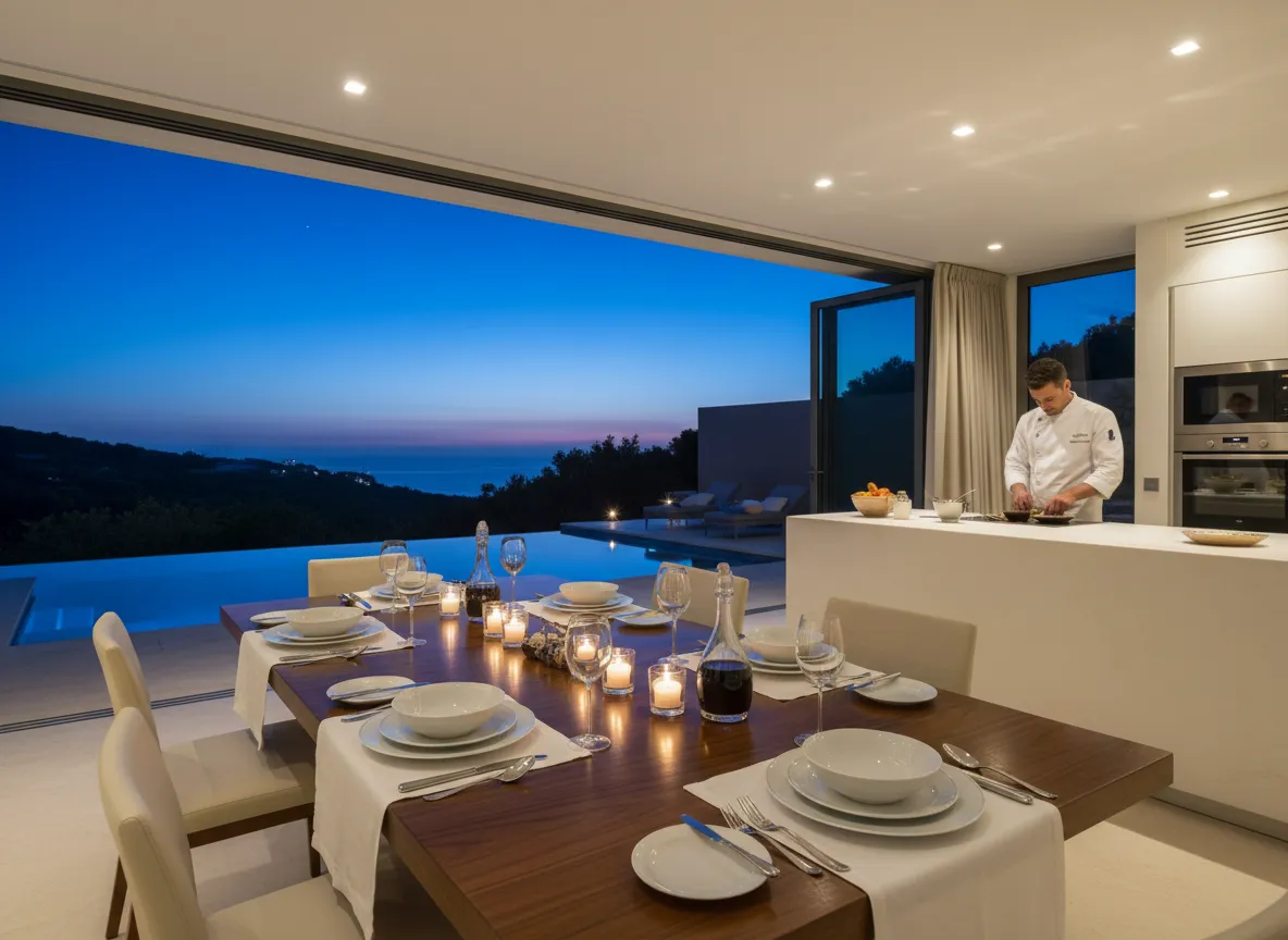 Private chef preparing gourmet meal in luxury villa kitchen