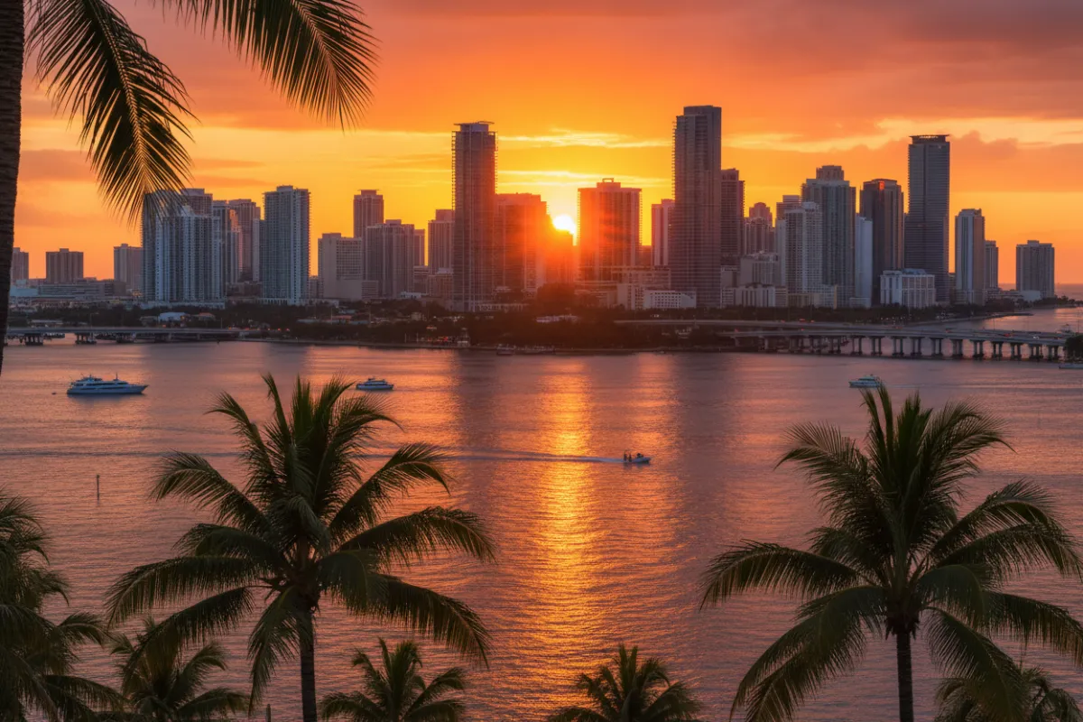 A vibrant sunset view of downtown Miami, with palm trees in the foreground, high-rise buildings, and Biscayne Bay reflecting the colorful sky. The image captures the urban energy and tropical atmosphere of Miami-Dade County.