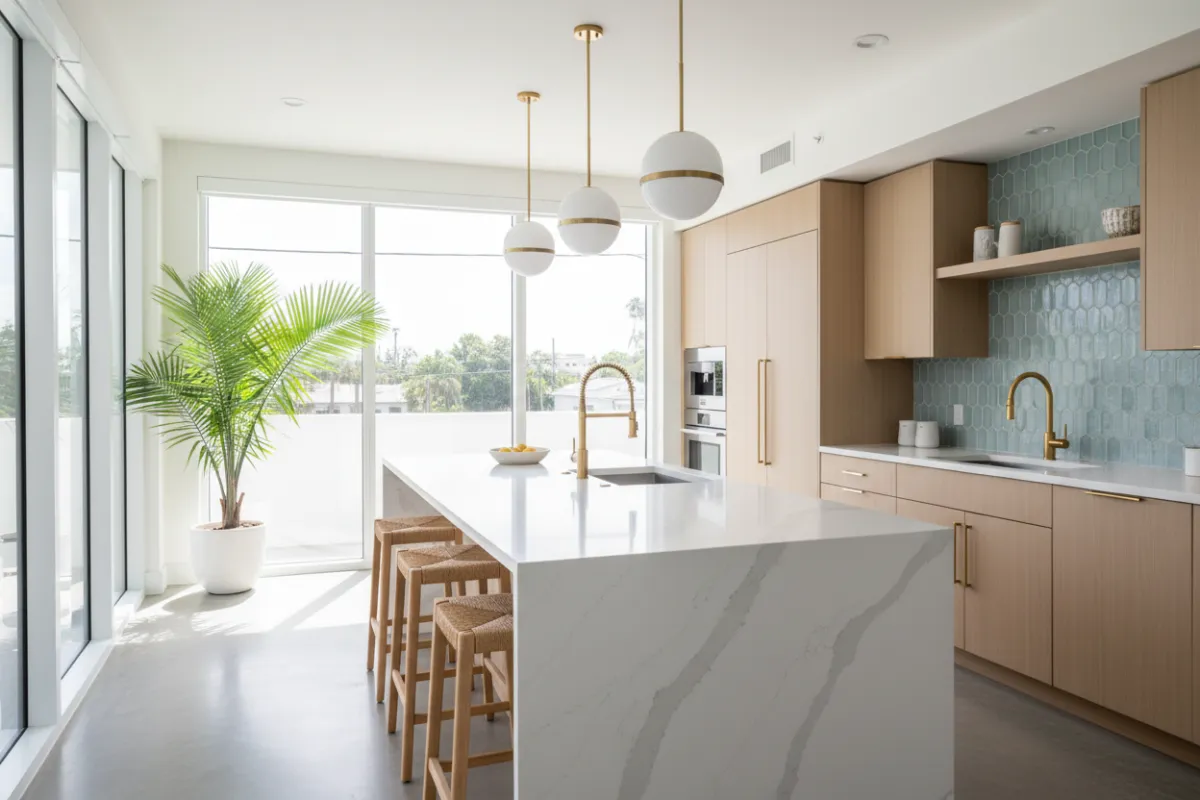 A modern Miami kitchen remodel featuring white quartz countertops, gold fixtures, and an open layout. Sunlight streams through large windows, highlighting the clean lines and South Florida-inspired decor. The space feels airy, inviting, and showcases premium craftsmanship.