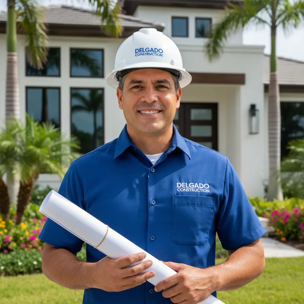 A close-up portrait of a smiling Hispanic construction foreman wearing a branded Delgado Construction shirt and hard hat, holding blueprints. He stands confidently in front of a modern South Florida home with lush landscaping. The image is brightly lit, 1:1 aspect, and conveys trust and professionalism.