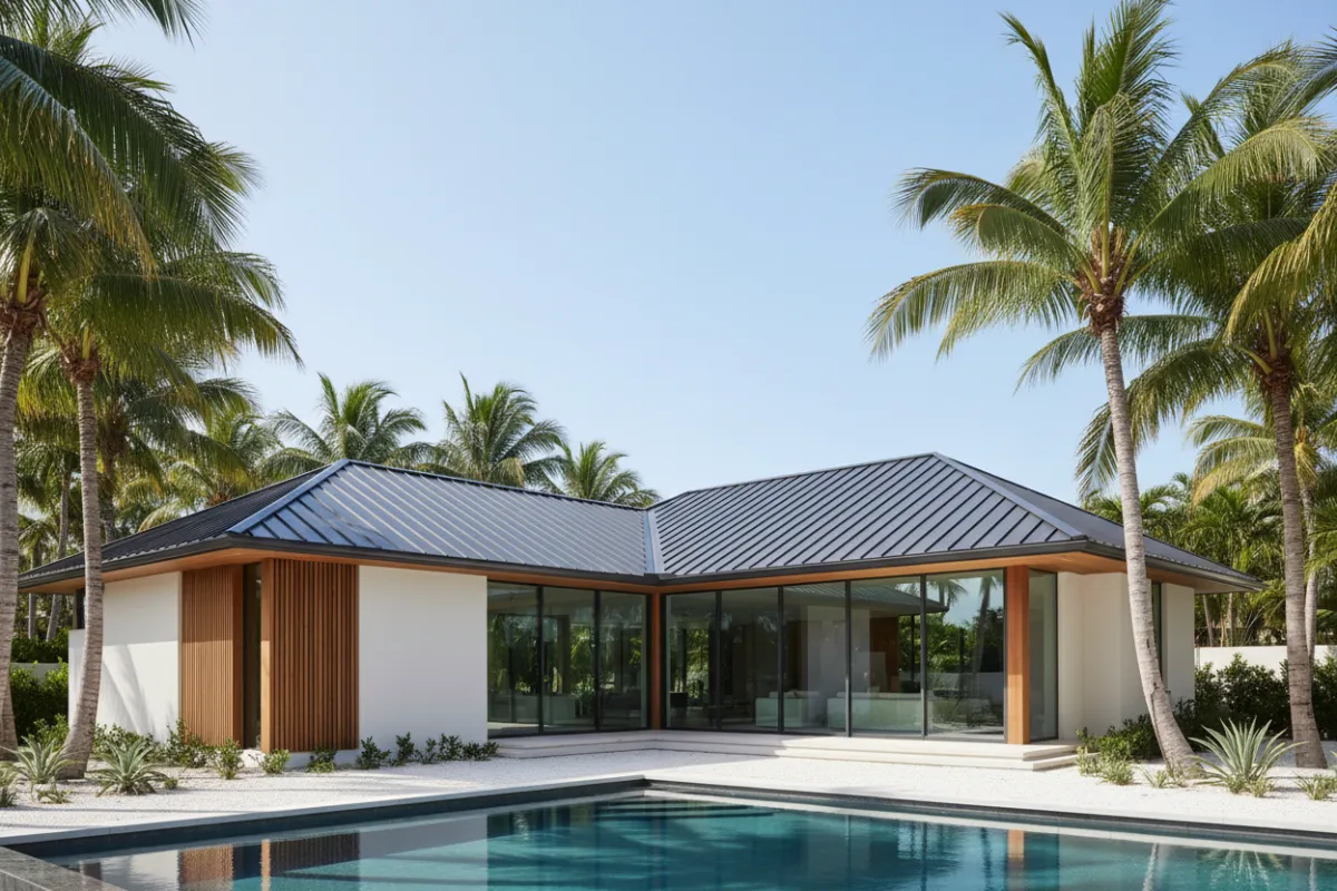 A contemporary Palm Beach home with a new dark metal roof, surrounded by palm trees and a clear blue sky. The image highlights the sharp lines of the roof and the modern architecture, emphasizing durability and style.