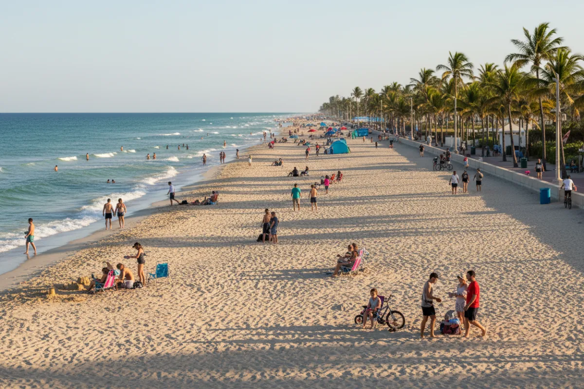 A candid scene of Fort Lauderdale beach, showing golden sand, turquoise water, and a palm-lined promenade. Families and friends enjoy the sun, representing the relaxed, active lifestyle of Broward County.