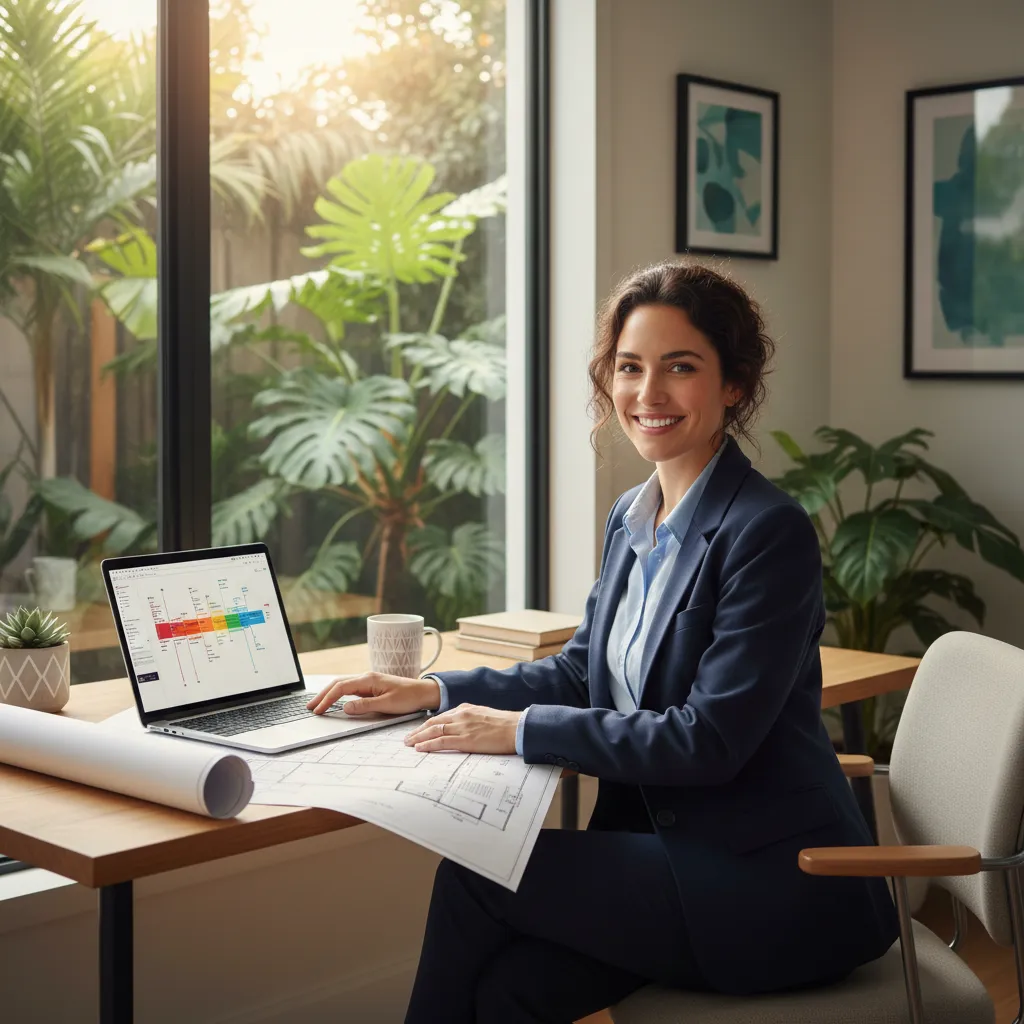 A friendly female project coordinator for Delgado Construction sits at a modern desk with a laptop and blueprints. The office features a large window with tropical plants outside. The image is bright, welcoming, and conveys approachability and professionalism.