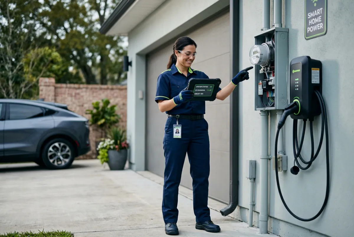 Certified EV charger installation technician checking home electrical box
